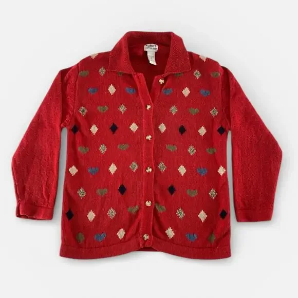 Vintage Twee Hearts Diamonds Wonderland Red Cardigan Sweater Sz Small - Picture 3 of 12